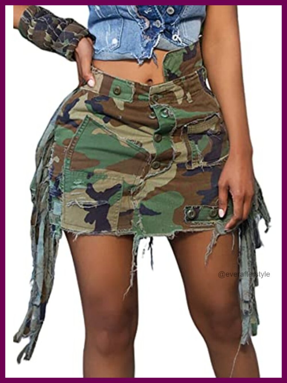 Women's Camo Cargo Mini Skirt Polyester Blend Ripped High Slit Slim Fit